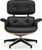 Top Black Grain Leather, Mid Century Chaise Lounge Chair and Ottoman, Modern Chair Classic Design, Ash Wood, Heavy Duty Base Support for Living Room Office