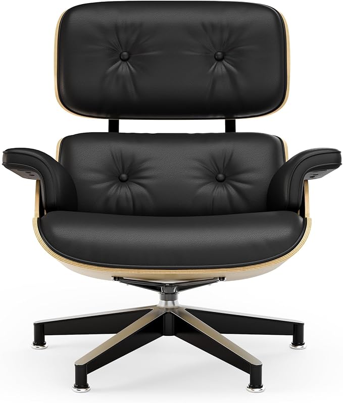 Top Black Grain Leather, Mid Century Chaise Lounge Chair and Ottoman, Modern Chair Classic Design, Ash Wood, Heavy Duty Base Support for Living Room Office