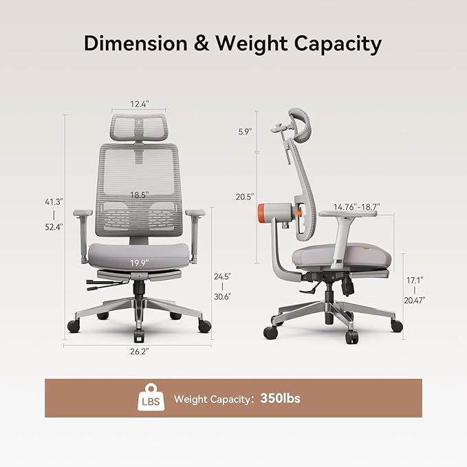 Newtral Office Chair Ergonomic with Footrest, Auto-Following Lumbar Support, High Back Desk Chair with 4D Armrest,136° Tilt Lock, Adjustable Seat Depth & Height (Supreme, Grey)