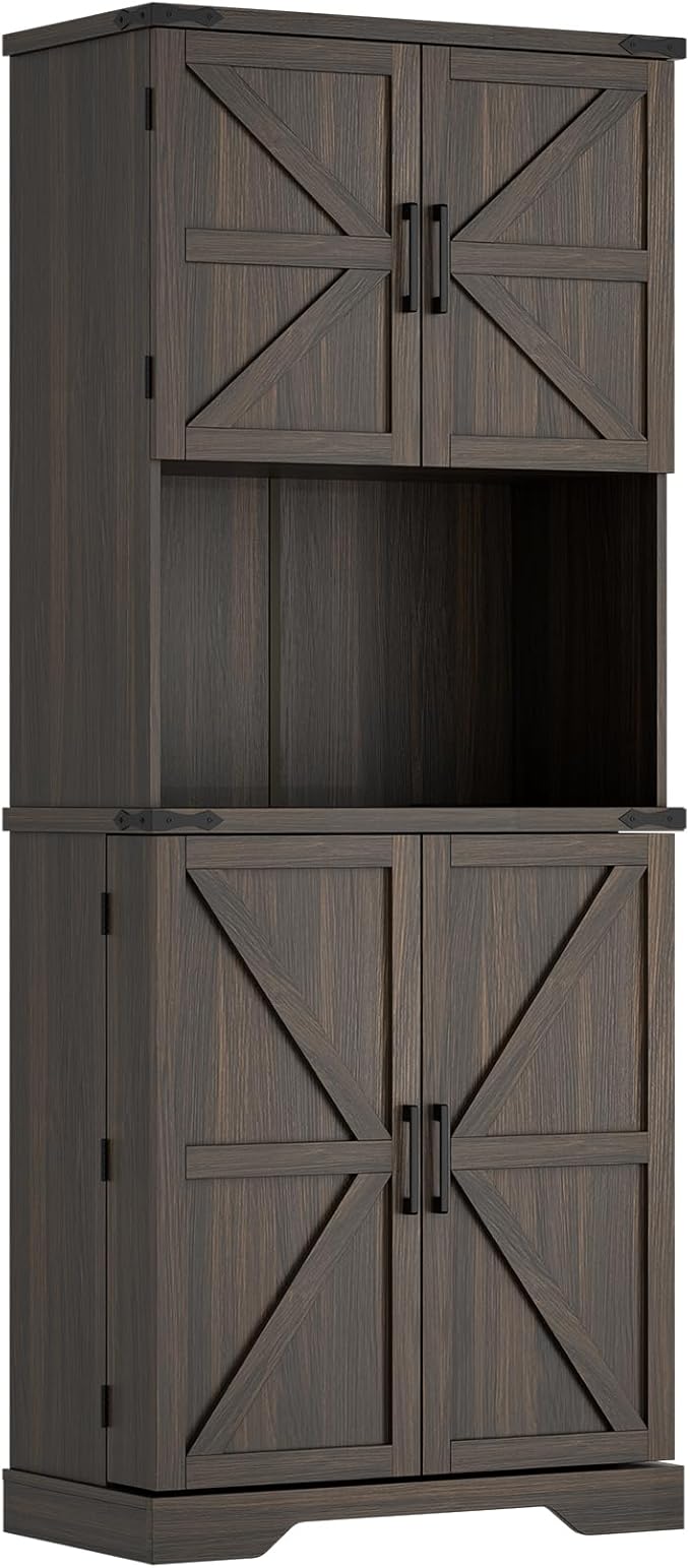 Cozy Castle 74" Farmhouse Pantry Cabinet with Charging Station, Tall Kitchen Storage Hutch Cabinet Coffee Bar Workstation, Sideboard Buffet Cupboard for Dining Room Living Room Furniture, Dark Brown