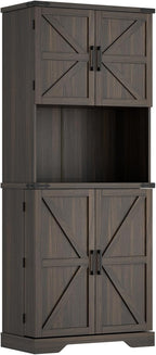 Cozy Castle 74" Farmhouse Pantry Cabinet with Charging Station, Tall Kitchen Storage Hutch Cabinet Coffee Bar Workstation, Sideboard Buffet Cupboard for Dining Room Living Room Furniture, Dark Brown