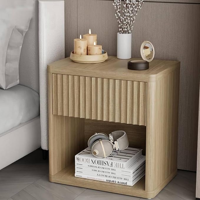 Large Modern Nightstand with Drawer Storage 22.8Inch Wide Fluted Bedside Table End Table for Bedroom, Living Room, Sofa, Couch, Home Office，Mid Century Bed Stands, Natural Color