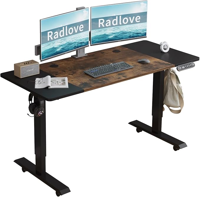 Radlove Electric Height Adjustable Standing Desk, 55 x 24 Inches Sit Stand up Workstation, Splice Board Memory Computer Table Ergonomic (Black Frame + 55" Black+Brown Top)