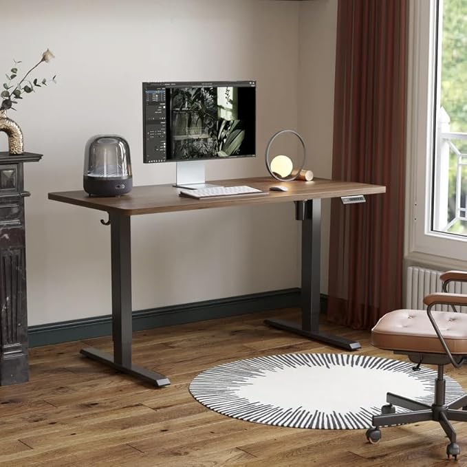 FEZIBO One-Piece Standing Desk Adjustable Height Stand up Home Office Desk, 40x24 Inch Electric Standing Computer Desk, with 4 Memory Presets, Headphone Hook, Black Walnut