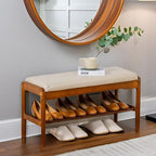 latifolia Small Shoe Bench, Solid Wood Bench with Cushion, 2 Tier Shoe Storage Organizer for Entryway(Walnut,31.50''L)