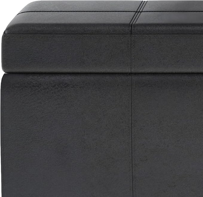 SIMPLIHOME Kingsley 48 inch Wide Transitional Rectangle Large Storage Ottoman in Distressed Black Vegan Faux Leather, Assembled for the Living Room, Entryway and Family Room