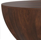 SIMPLIHOME Elmbrook Coffee Table - 34 inch Wide Solid Mango Wood Modern Industrial Round Drum Cocktail Table in Walnut Brown, Sculptural Living Room Table with Low Profile Design, Assembled