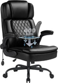 400lbs Executive Office Chair with Flip up Arm,Ergonomic Big and Tall Computer Desk Chairs with Pocket Spring Cushion,High Back PU Leather Computer Chair with Adjustable Lumbar Support,Metal Base