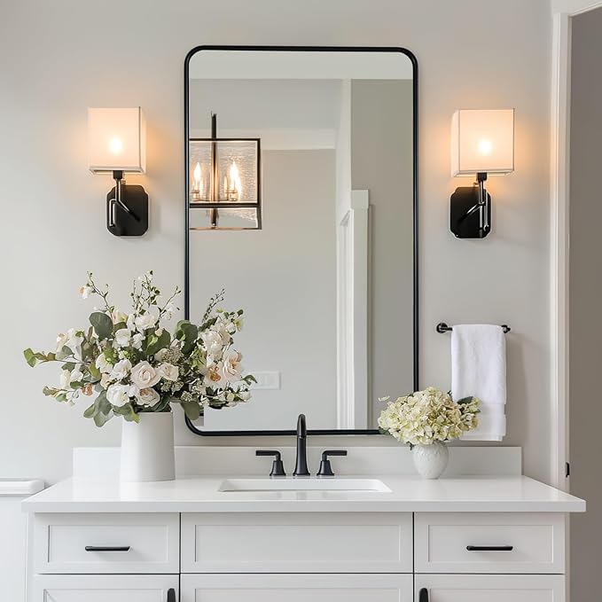 ANDY STAR Black Bathroom Wall Mirror, 24x40 Inch Rounded Rectangle Mirror for Bathroom, Modern Tube Matte Black Framed Rectangular Mirrors for Vanity, Explosion-Proof Film, Horizontal/Vertical