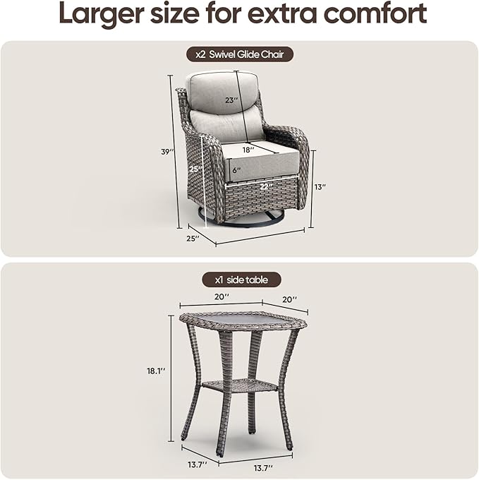 Swivel Patio Chairs Set of 3 with 6" Thick Cushion - Wicker Outdoor Swivel Rocker Patio Chairs with Side Table, High Back Comfortable Outdoor Glider Chair - Grey Wicker | Beige Cushions