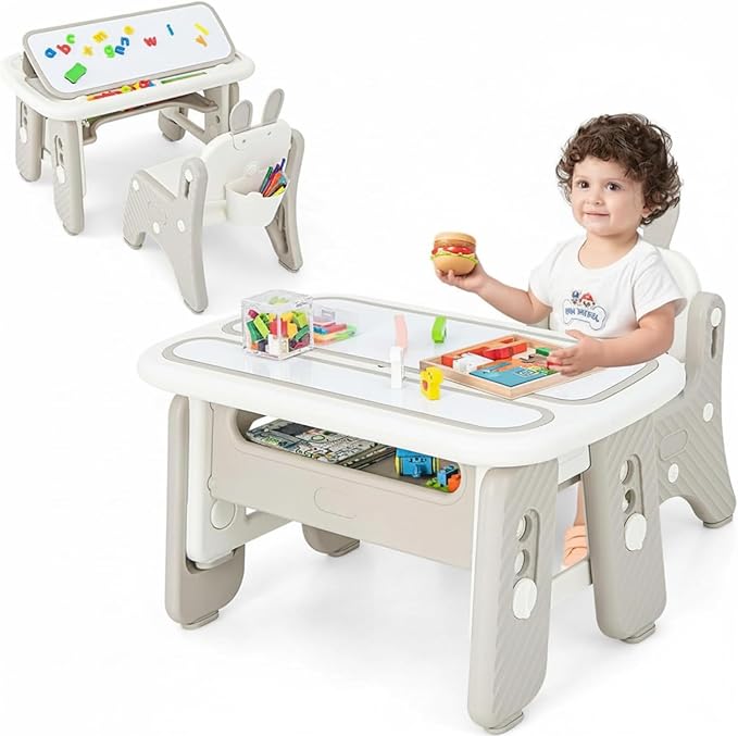INFANS Kids Table and Chair Set, Activity Table with Magnetic Drawing Board 4 Gears Adjustable Height Bookshelf Watercolor Pens, Toddler Plastic Furniture Table for Playing Reading Eating