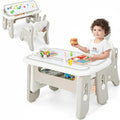 INFANS Kids Table and Chair Set, Activity Table with Magnetic Drawing Board 4 Gears Adjustable Height Bookshelf Watercolor Pens, Toddler Plastic Furniture Table for Playing Reading Eating