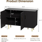 Modern Fluted Black Storage Cabinet with 3 Doors, Adjustable Shelves, and Metal Legs, Accent Buffet Sideboard for Living Room, Dining Room, Entryway (Black & Gold)