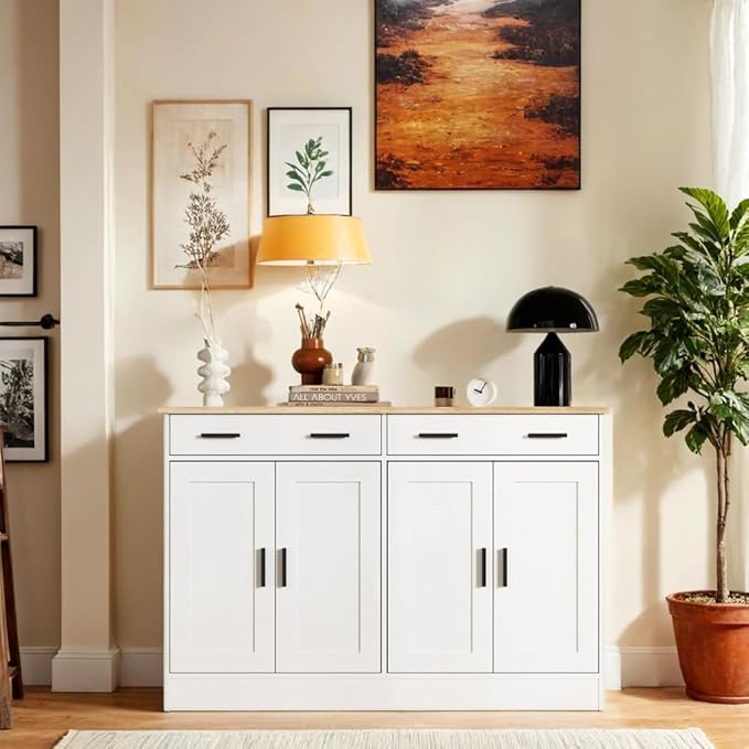 White Sideboard Buffet with 4 Doors & 2 Drawers, Accent Coffee Bar, Kitchen Cabinet for Living Room, Kitchen or Hallway