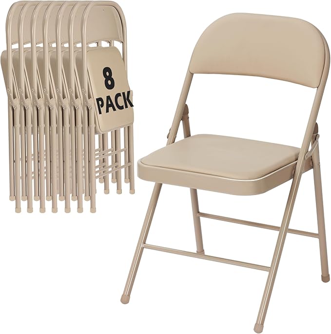 8 Pack Khaki Folding Chairs with Padded Cushion for Outside, Portable Stackable Commercial Metal Foldable Chairs with Steel Frame for Home Events Office Wedding Party, 350lbs Capacity