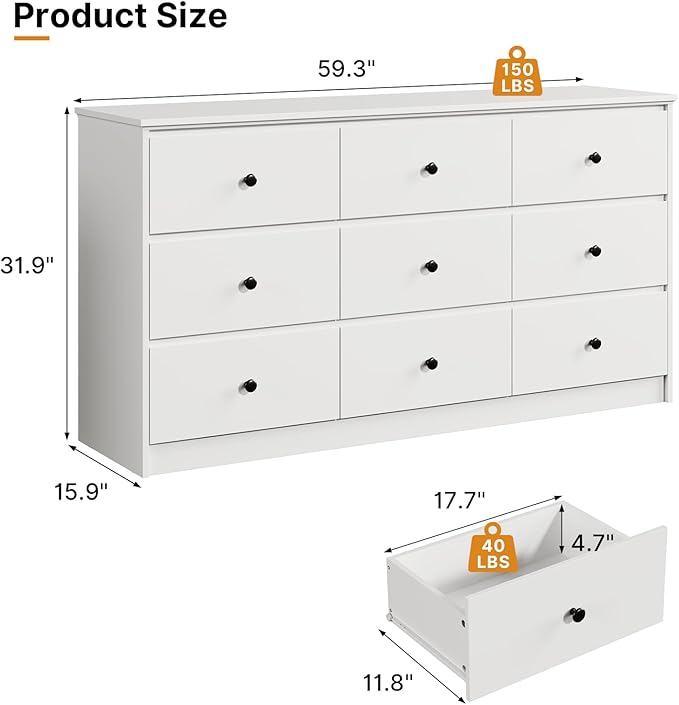 9 Drawer Dresser for Bedroom, 59" Wide White Chest of Drawers, Wooden Dresser with 9 Drawers with Ample Storage, Modern Storage Organizer for Hallway,Nursery