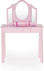 Guidecraft Pink Vanity and Stool Set for Kids Age 3-8, Pretend Play Makeup Table with Mirrors and Chair for Girls, Wooden Princess Toy Vanity Desk Playset with Storage Drawer