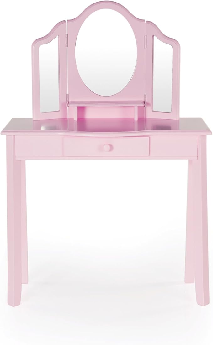 Guidecraft Pink Vanity and Stool Set for Kids Age 3-8, Pretend Play Makeup Table with Mirrors and Chair for Girls, Wooden Princess Toy Vanity Desk Playset with Storage Drawer