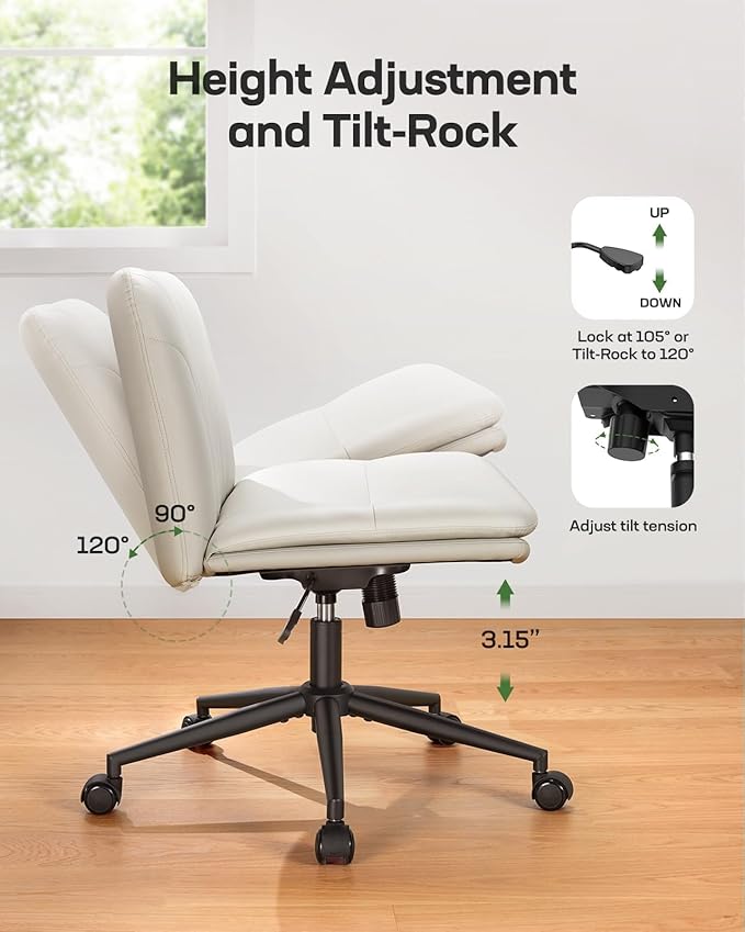 Marsail Armless-Office Desk Chair with Wheels: PU Leather Cross Legged Wide Chair,Comfortable Adjustable Swivel Computer Task Chairs for Home,Office,Make Up,Small Space,Bed Room, Gray Beige