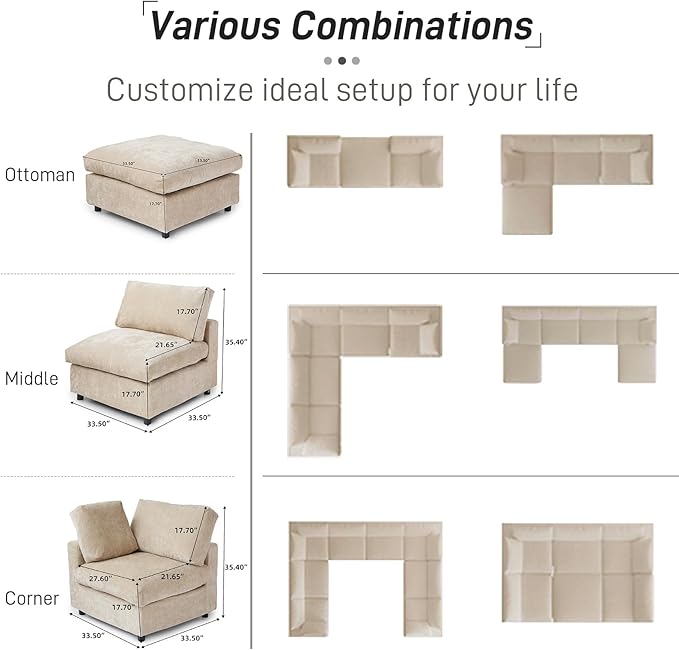 WJShome Cloud Couch Modular Sectional Sofa, 134" U Shaped Couch for Livingroom, Oversized Convertible Wide Seater with 2 Ottomans Living Room Set, Covers Washable&Replaceable,Khkai