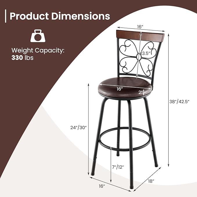 COSTWAY Bar Stools for Kitchen Island, 24/30 Inch Adjustable Seat Height Swivel Barstools Set of 4, Cushioned Seat & Cozy Backrest, Extra Leg Tubes for Height Adjustment, for Kitchen, Bar (4)
