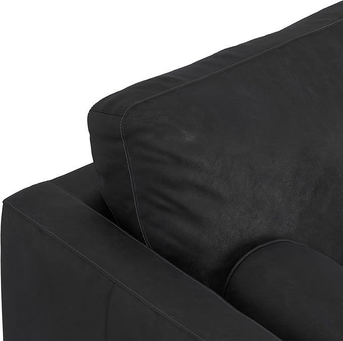 SIMPLIHOME Morrison 72-inch Wide Sofa in Lead Black Genuine Leather, Mid-Century Modern-Style Loveseat for Living Room, Single Bench Cushion, Removable Back Cushions, 2 Bolster Pillows