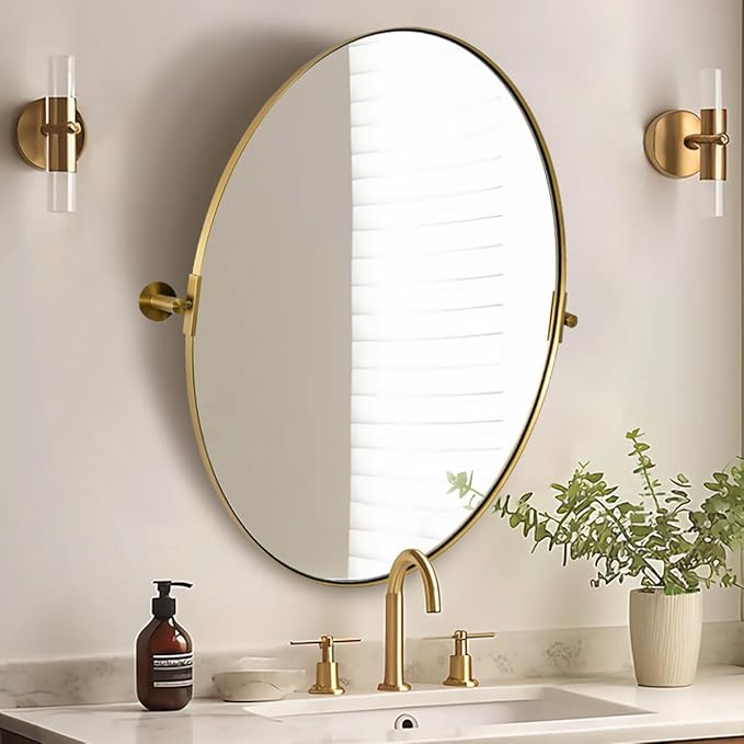 ANDY STAR Gold Bathroom Mirror, 22" x 34" Tilting Vanity Oval Mirror for Wall, Brushed Gold Stainless Steel Metal Frame Pivot Mirror Hangs Vertically Wall-Mounted