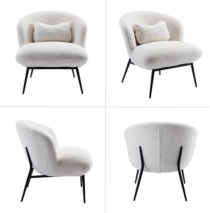 HEAH-YO Modern Accent Chair Set of 1, Upholstered Sherpa Side Chair with Barrel Backrest and Metal Legs, Comfy Armless Chair for Living Room Bedroom, White