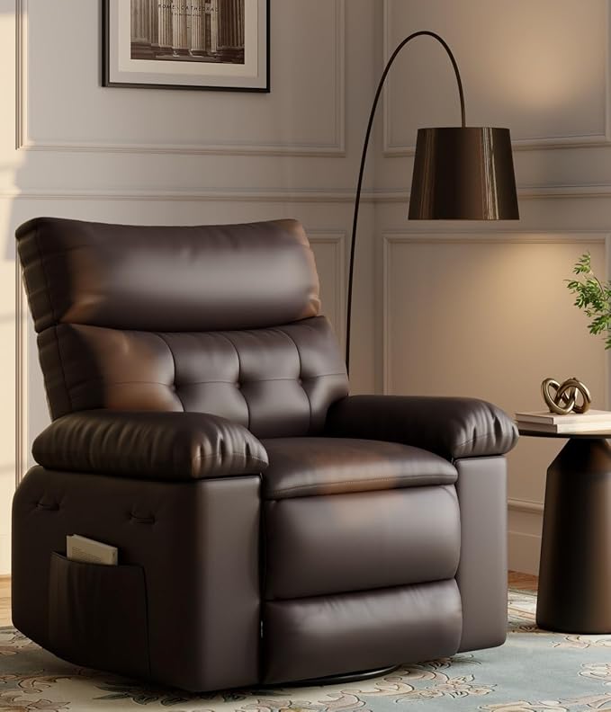 GarveeHome Oversized Recliner Chairs, Classic Manual Leather Recliner, Home Theater Seating with Lumbar & Arms Support for Living Room, Bedroom and Nursery - Brown
