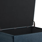 SIMPLIHOME Owen 34 inch Wide Mid Century Modern Rectangle Coffee Table Storage Ottoman in Distressed Dark Blue Vegan Faux Leather, Assembled, for the Living Room, Entryway and Family Room
