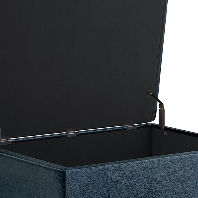 SIMPLIHOME Owen 34 inch Wide Mid Century Modern Rectangle Coffee Table Storage Ottoman in Distressed Dark Blue Vegan Faux Leather, Assembled, for the Living Room, Entryway and Family Room