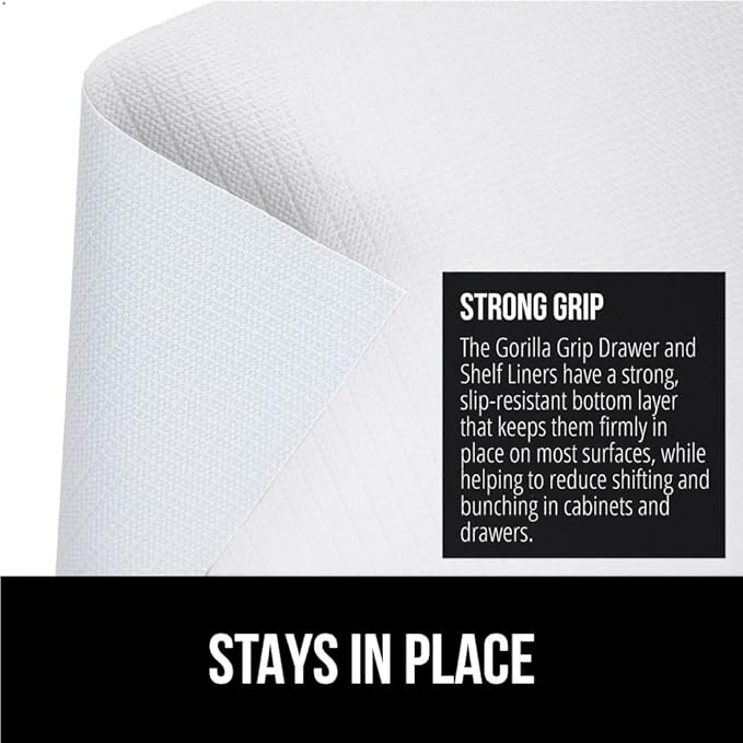 GORILLA GRIP Slip Resistant Drawer and Shelf Liner 2 Pack, Non Adhesive Water Resistant, Easy Clean and Trim, Smooth Surface Liners for Kitchen Cabinet, Shelves, Drawers Pantry, 17.5 IN x 20 FT, White