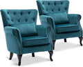 Accent Reading Arm Chairs Set of 2 for Living Room Bedroom, Midcentury Modern Comfy Corner Sofa Chair, Wingback Waiting Room Club Chair with Button Tufted Back &Lumbar Pillow, Velvet Teal
