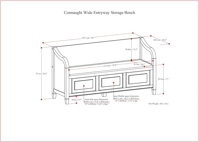 SIMPLIHOME Connaught Entryway Storage Bench - 56 inch Wide Solid Wood Wide Storage Seat in Chestnut Brown, Traditional Bench for Entryway or Living Room with Lift-Up Lid and Paneled Front