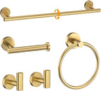 Brushed Gold Towel Bar Set 5 Pieces Round Bathroom Hardware Set Includes 23.6in Towel Bar Towel Ring Toilet Paper Holder Towel Hooks Stainless Steel Wall-Mounted Bathroom Towel Holder Set
