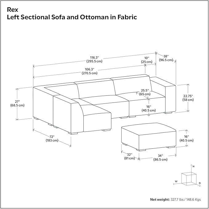 SIMPLIHOME Rex Left Corner Sectional Modular Sofa and Ottoman Set in 100% Recycled Polyester Tightly Woven Performance Fabric, Pale Grey, 116-inch-wide L-Shaped Sofa and 34-inch-Wide Ottoman
