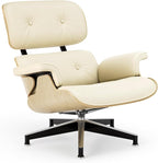 Top Cream White Grain Leather, Mid Century Chaise Lounge Chair and Ottoman, Modern Chair Classic Design, Ash Wood, Heavy Duty Base Support for Living Room Office