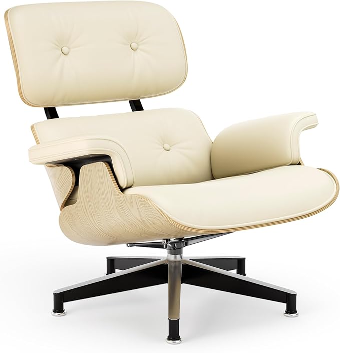 Top Cream White Grain Leather, Mid Century Chaise Lounge Chair and Ottoman, Modern Chair Classic Design, Ash Wood, Heavy Duty Base Support for Living Room Office