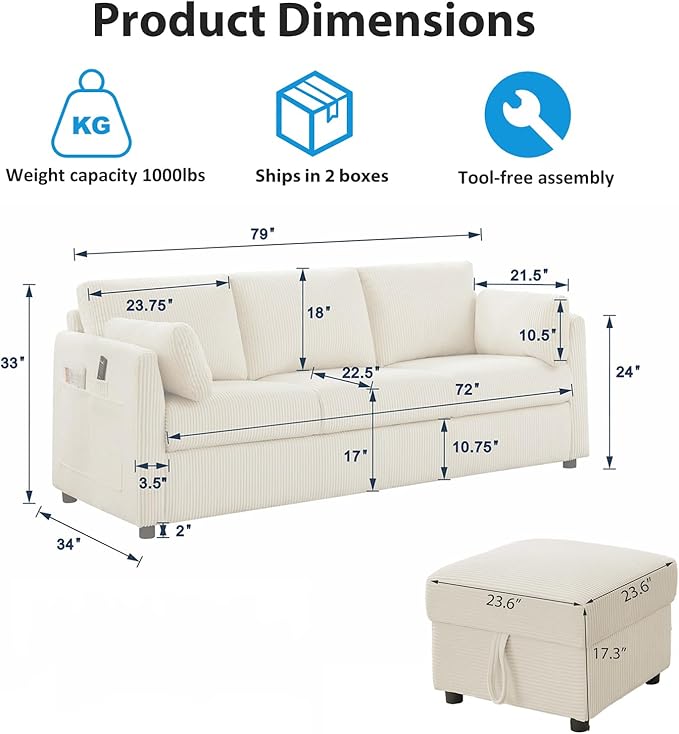 79" L Shaped Couch with Storage Ottoman, 3 Seater Corduroy Sofa with 2 Pillows and Storage Pockets, Small Modern Couches for Living Room, Apartment, Small Spaces, Home Office, Grey