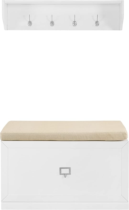 Crosley Furniture Harper 2-Piece Entryway Set with Shoe Rack Storage Bench and Wall Shelf with Coat Hooks, White
