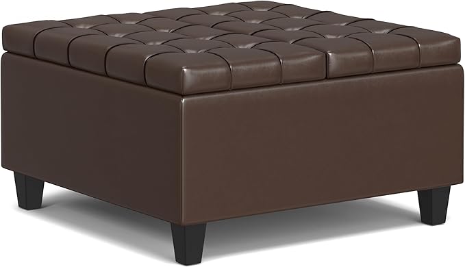 SIMPLIHOME Harrison 30 inch Wide Transitional Square Small Coffee Table Storage Ottoman in Chocolate Brown Vegan Faux Leather, Assembled, for The Living Room and Bedroom