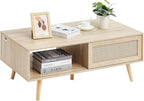 VEVOR Rattan Coffee Table, Mid Century Modern Table, Rectangle Wood Table, 42 Inch Modern Boho Style Two Layers Storage Coffee Table, for Living Room, Bedroom & Small Spaces