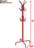Simple Houseware Standing Coat and Hat Hanger Organizer Rack, 12 Hooks, Red