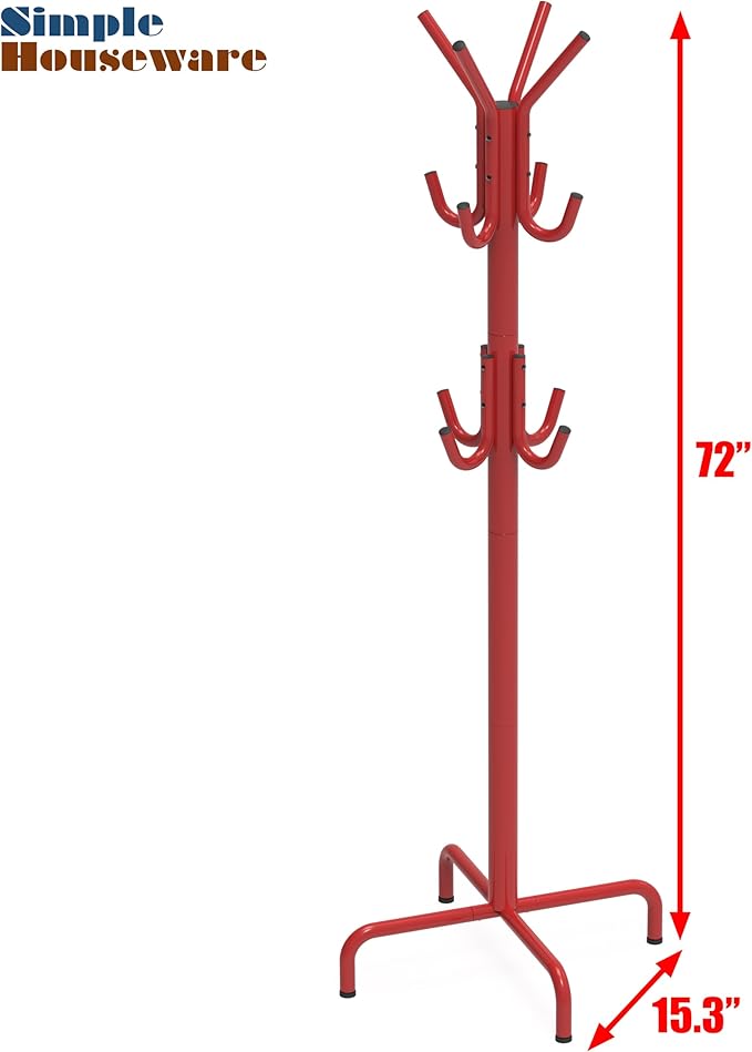 Simple Houseware Standing Coat and Hat Hanger Organizer Rack, 12 Hooks, Red