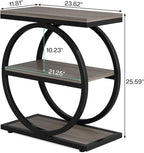 LITTLE TREE 3-Tier End Table, Grey Side End Table with Storage Shelves, Small Sofa Side Table for Living Room, Slim Nightstand and Bedside Table with Black Double Round Metal Legs