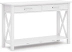 SIMPLIHOME Kitchener Console Table - 47 Inch Wide Solid Wood Sofa Table in White, Contemporary Storage Table for Entryway or Living Room with 2 Drawers, Bottom Shelf, and X-Design Side Panels
