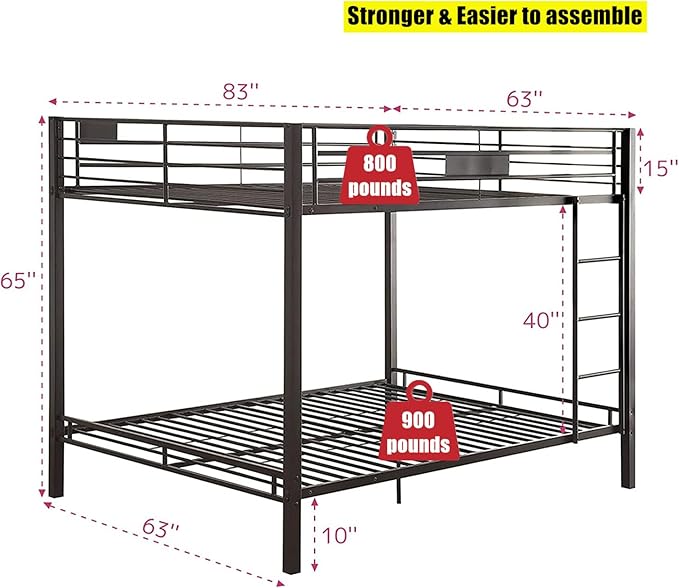 Higher Quality & Stronger Metal Queen Over Queen Bunk Bed, Thickened Heavy Duty More Stable Safer Black Steel Bunkbed Bunk Queen Bed (Easier to Assemble) (Queen Over Queen-1)