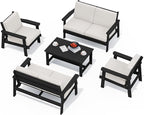 SERWALL HDPE Patio Furniture Set, 5 Piece All Weather Wood-Like Sectional Outdoor Furniture Set, Black Patio Sofa Couch with Khaki Cushions for Deck, Lawn