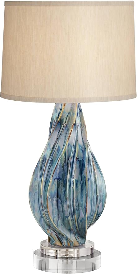 Possini Euro Design Teresa Coastal Modern Table Lamp with Round Riser 32.5" Tall Blue Teal Drip Ceramic Beige Drum Shade Living Room Bedroom House Bedside Nightstand Home Office (Color May Vary)