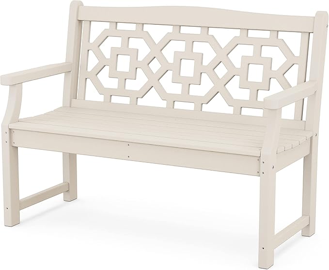 Martha Stewart by POLYWOOD Chinoiserie 48" Outdoor Bench for Patio, Porch & Backyard, Sand - Durable All-Weather HDPE Garden Seat with Back Support - Classic 2 Person Seating, Made in The USA